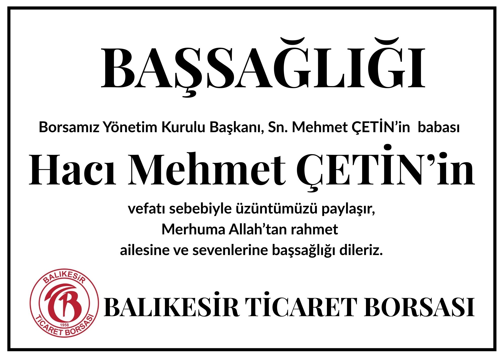 Ticaret Borsası’nın Baş sağlığı mesajı