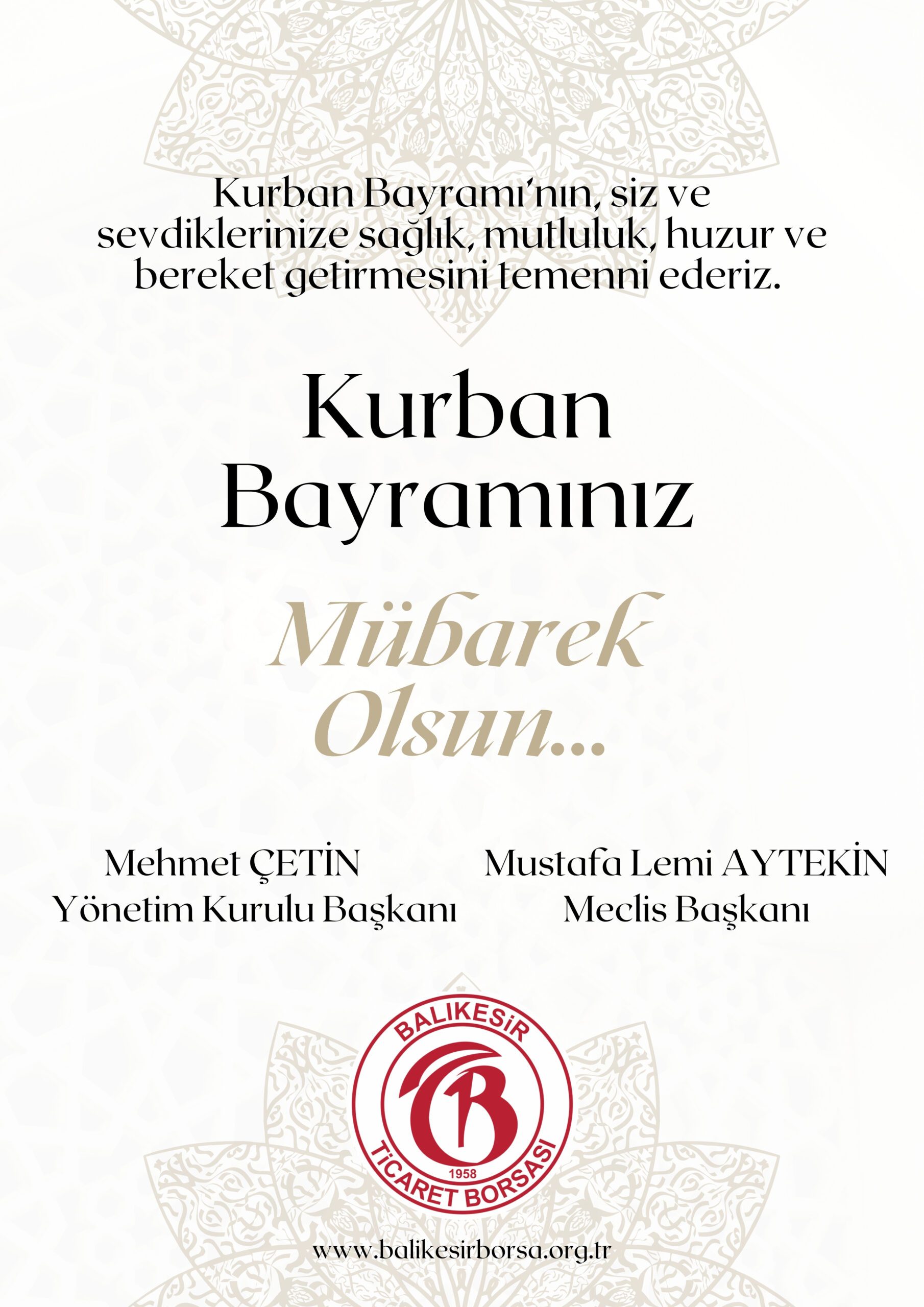 Balıkesir Ticaret Borsası Başkanlığı’nın Kurban Bayramı Kutlama mesajı