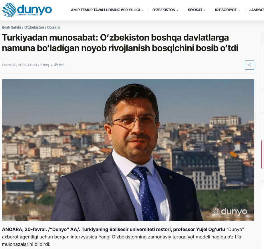Rektör Oğurlu, Özbekistan’ın Kalkınma Modeli Hakkında Dünya Haber Ajansına Röportaj Verdi