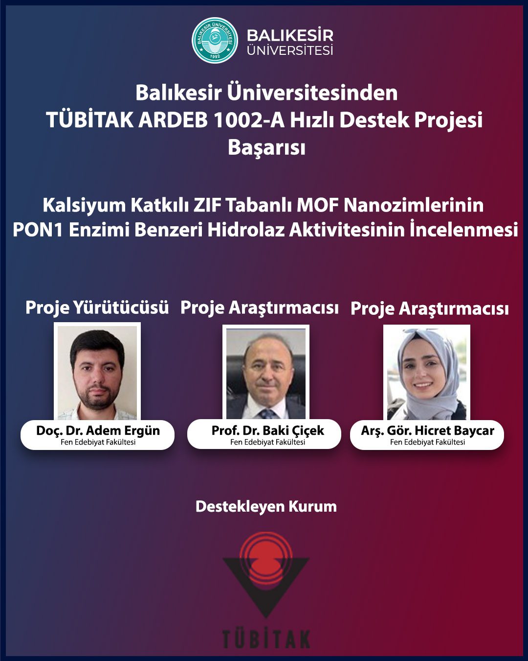 Balıkesir Üniversitesinden TÜBİTAK ARDEB 1002-A1002-A Hızlı Destek Projesi  Başarısı